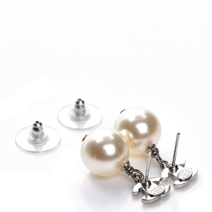 Chanel Crystal Pearl CC Drop Earrings Silver 3 of 5
