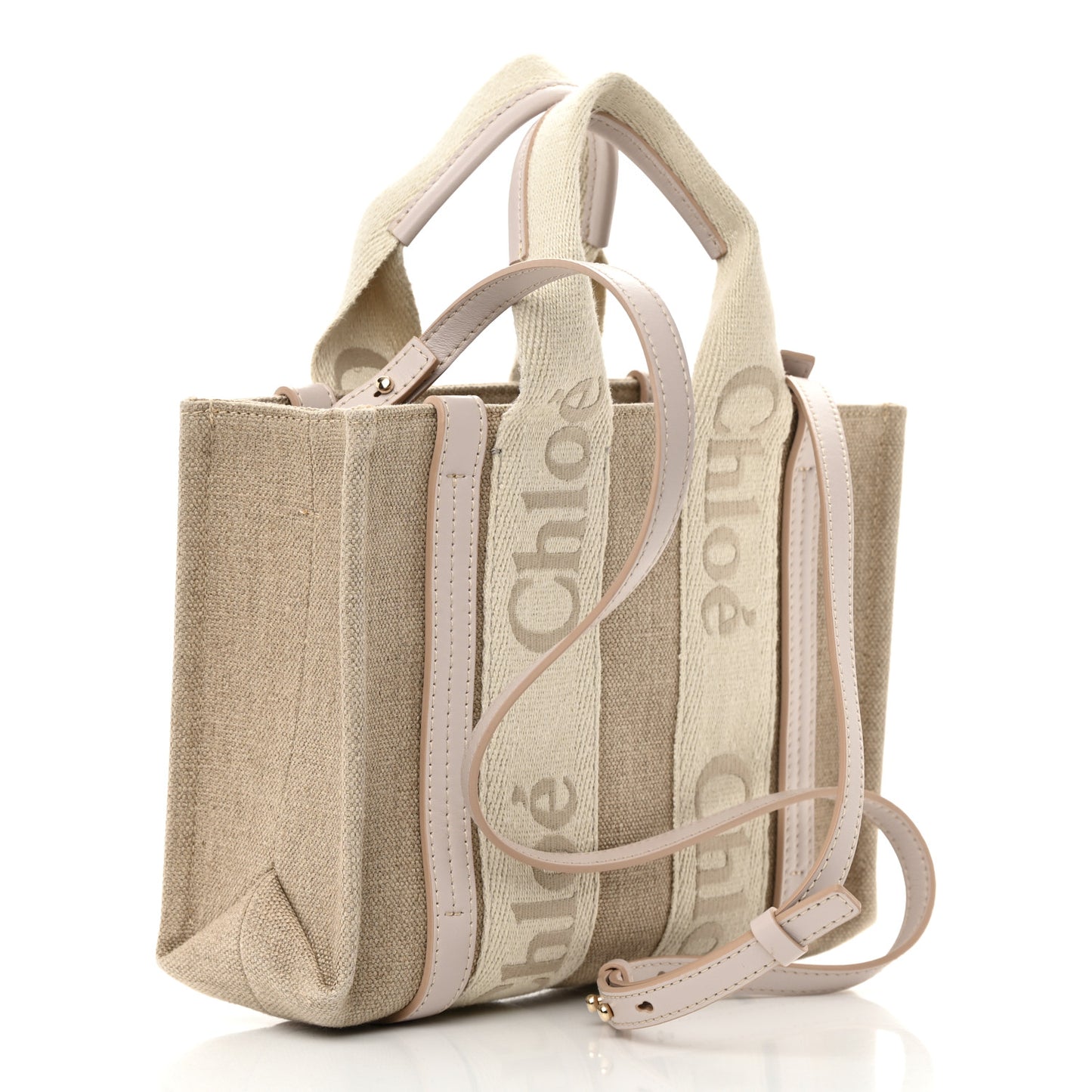 Cotton Calfskin Small Woody Ribbon Tote With Strap Cement Pink
