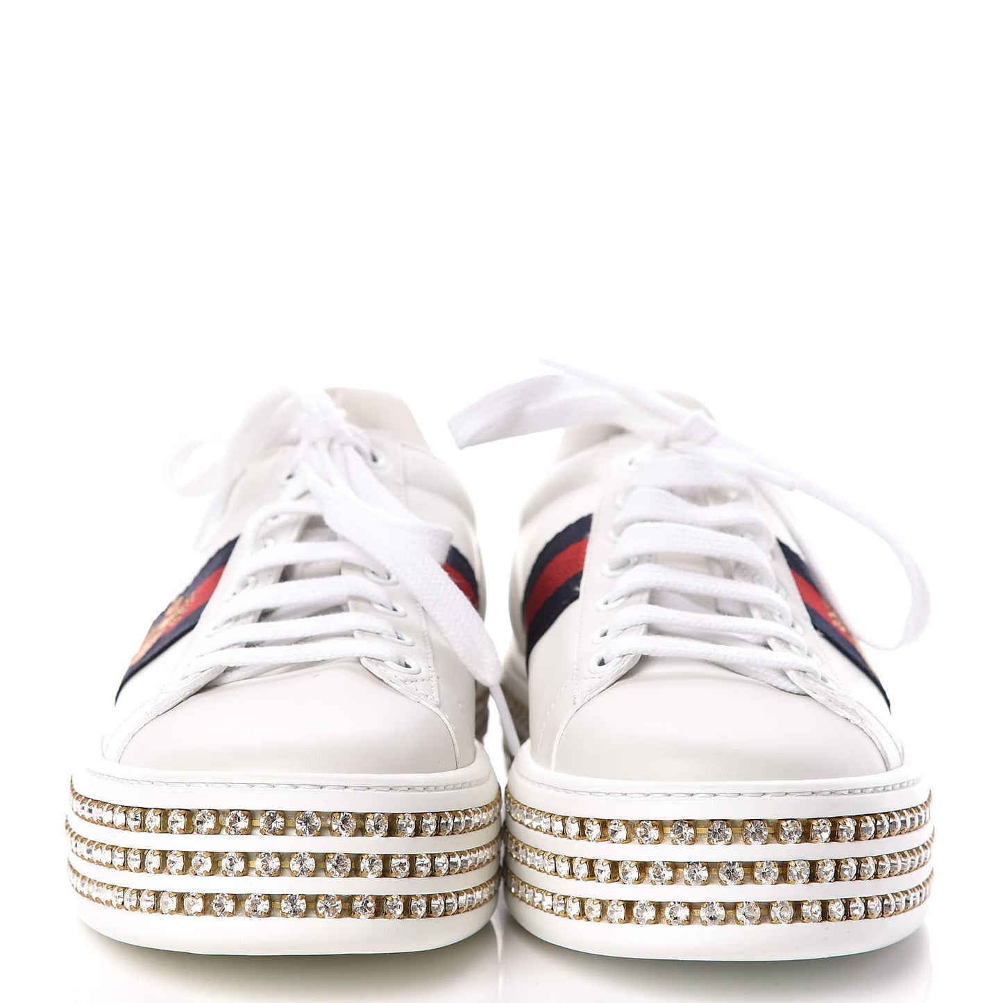 Calfskin Crystal Web Bee Embroidered Womens Ace Platform Sneakers 38 White