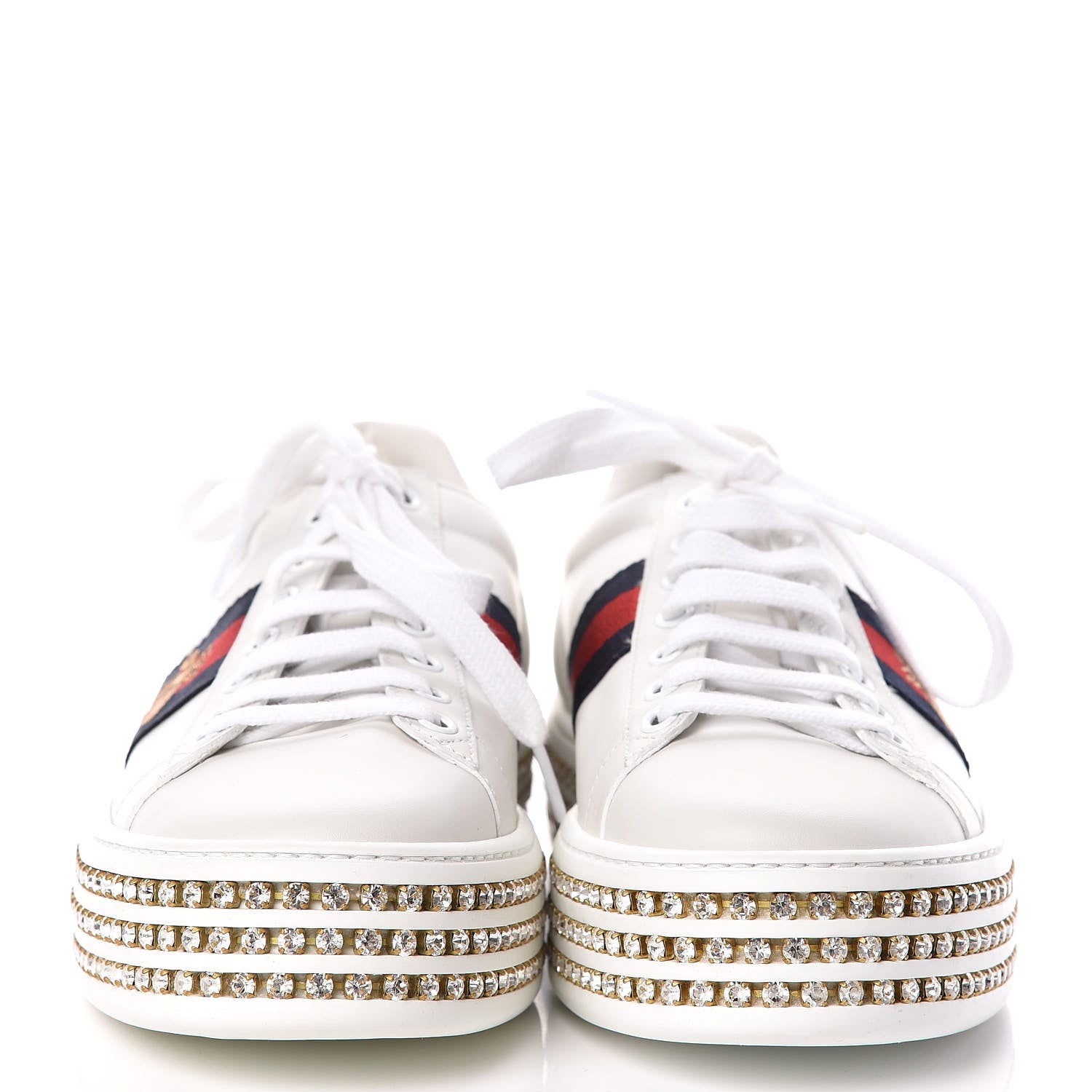 Gucci Calfskin Crystal Web Bee Embroidered Womens Ace Platform Sneakers 38 White 2 of 9