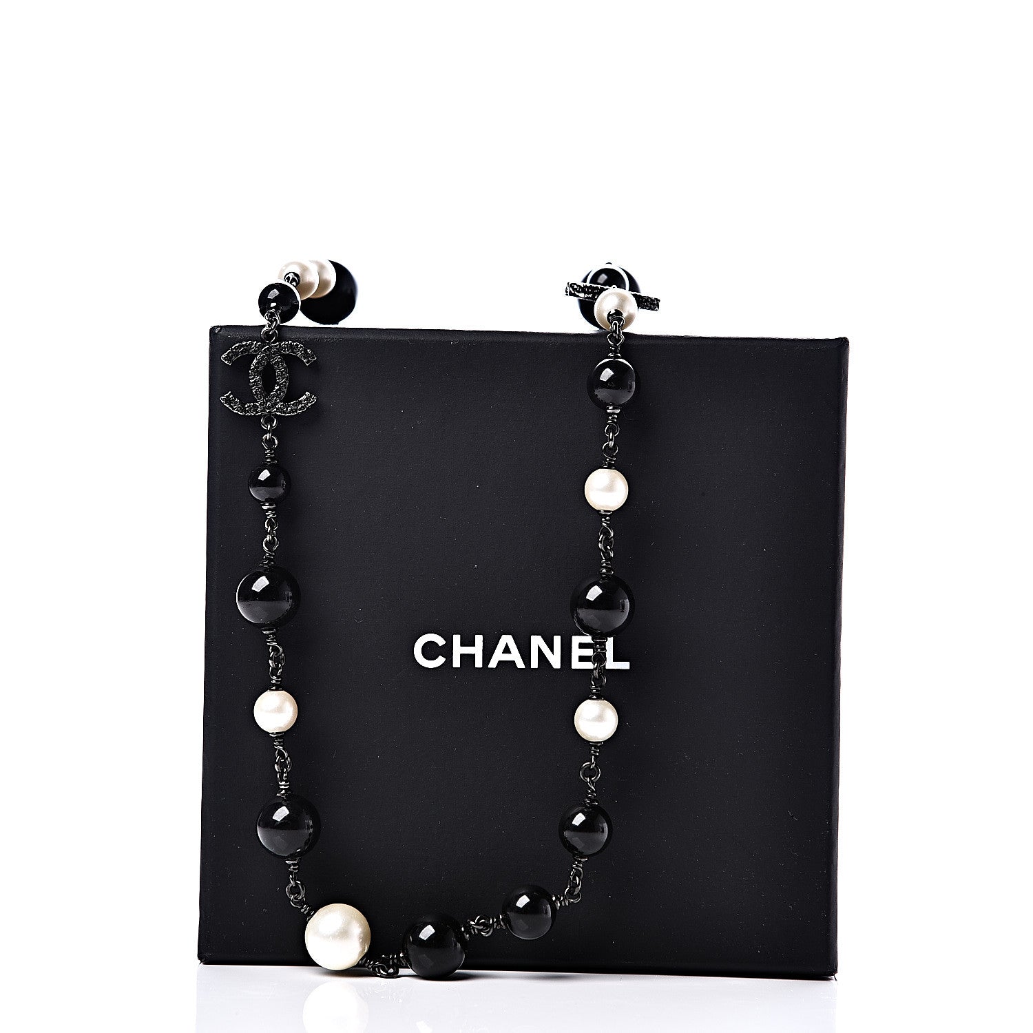 Chanel Pearl Beaded Crystal CC Long Necklace Black Silver 4 of 4