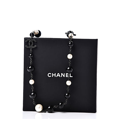 Chanel Pearl Beaded Crystal CC Long Necklace Black Silver 4 of 4