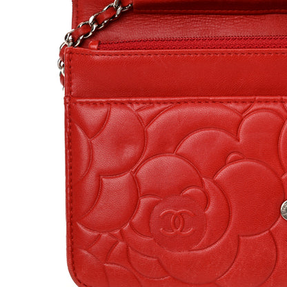 Chanel Lambskin Camellia Embossed Wallet on Chain WOC Red 16 of 20