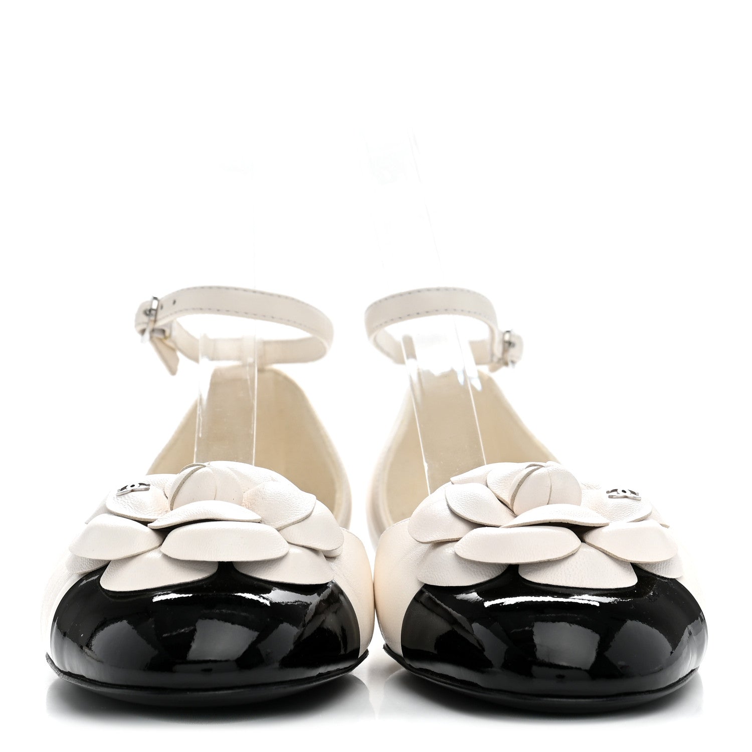 Chanel Lambskin Patent Calfskin Cap Toe Camellia Mary Jane Flats 37 White Black 3 of 10