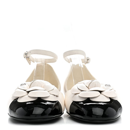 Chanel Lambskin Patent Calfskin Cap Toe Camellia Mary Jane Flats 37 White Black 3 of 10
