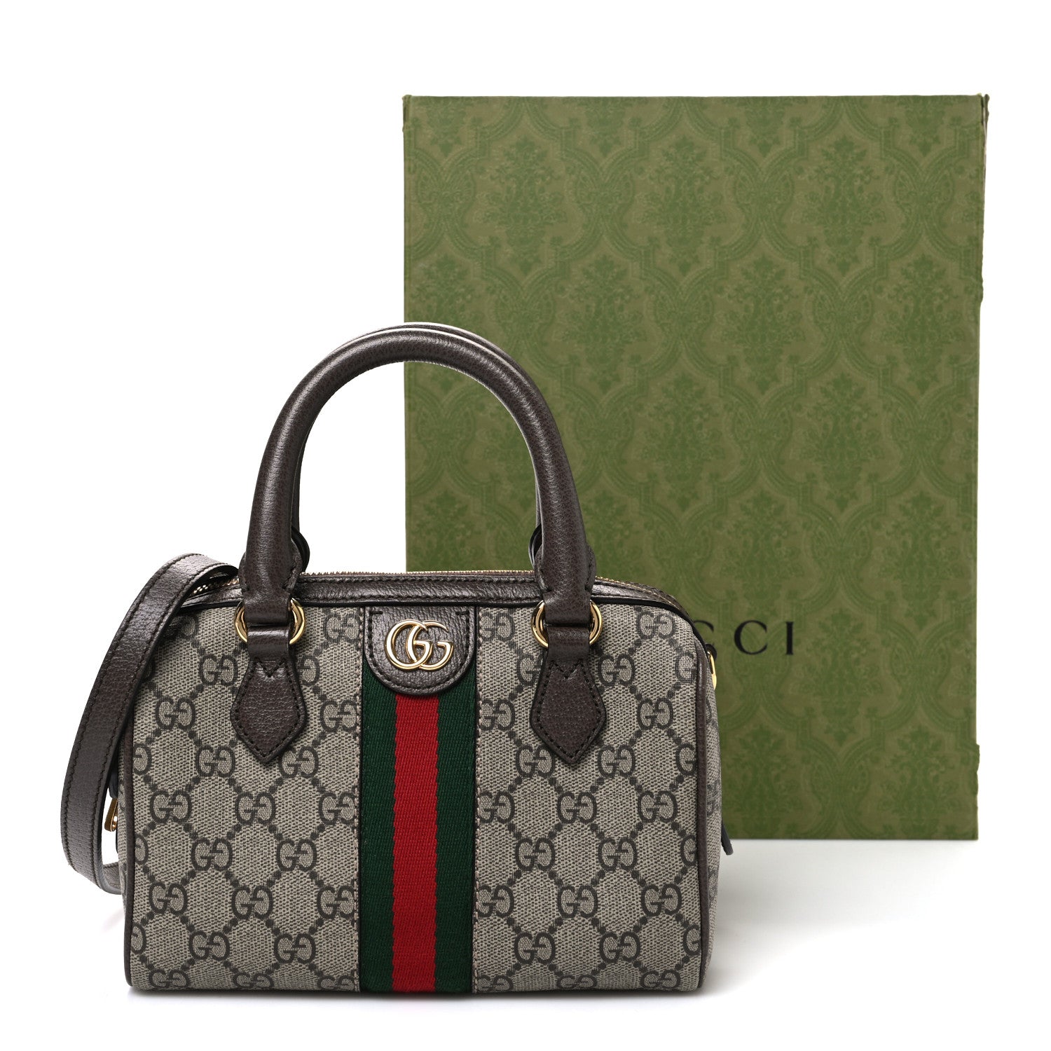 Gucci GG Supreme Monogram Textured Dollar Calfskin Web Mini Ophidia Top Handle Bag Beige Ebony New Acero 11 of 11
