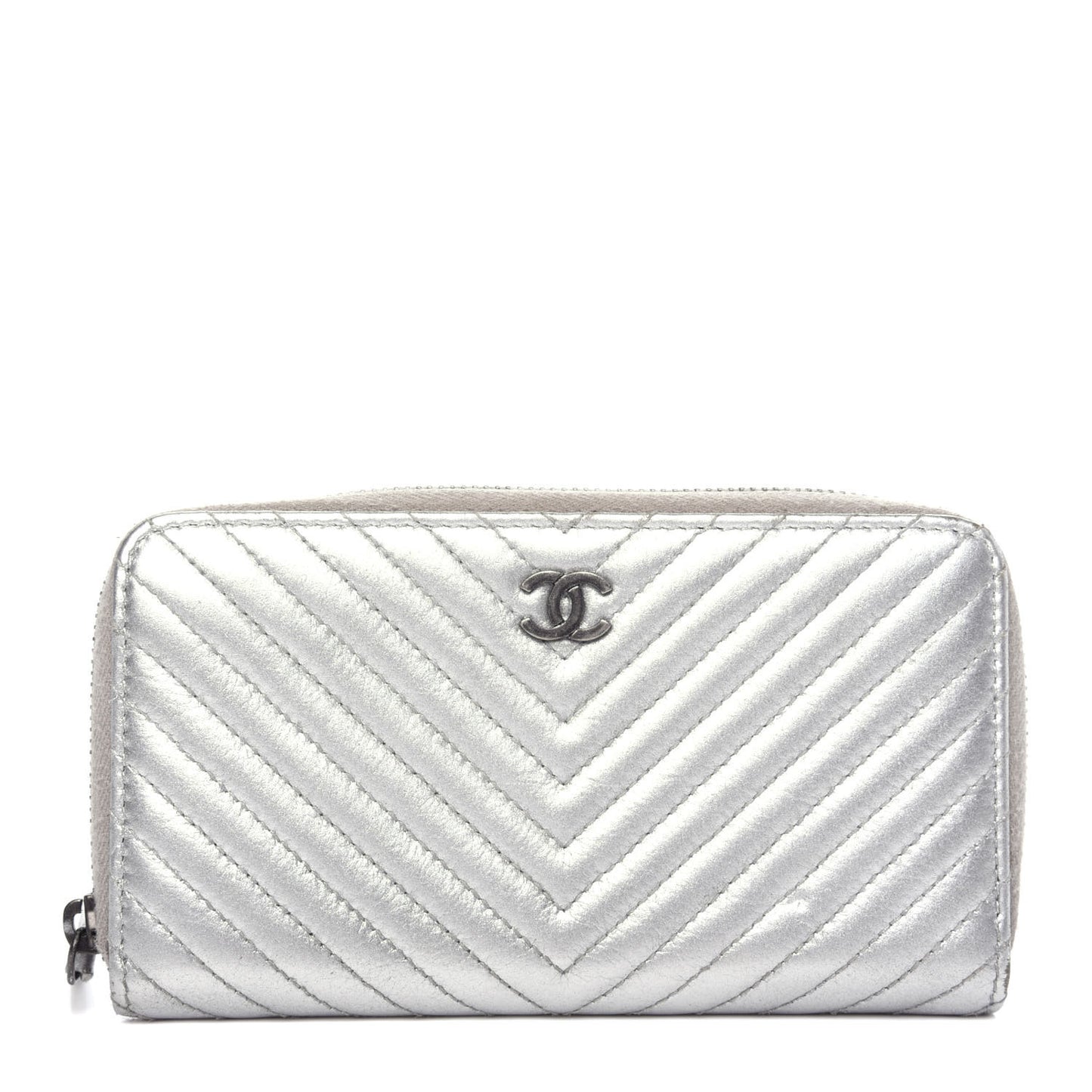 Metallic Lambskin Chevron Quilted Small Zip Around Wallet Silver