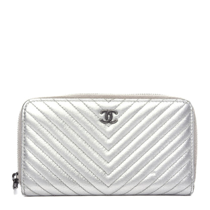 Chanel Metallic Lambskin Chevron Quilted Small Zip Around Wallet Silver 1 of 9