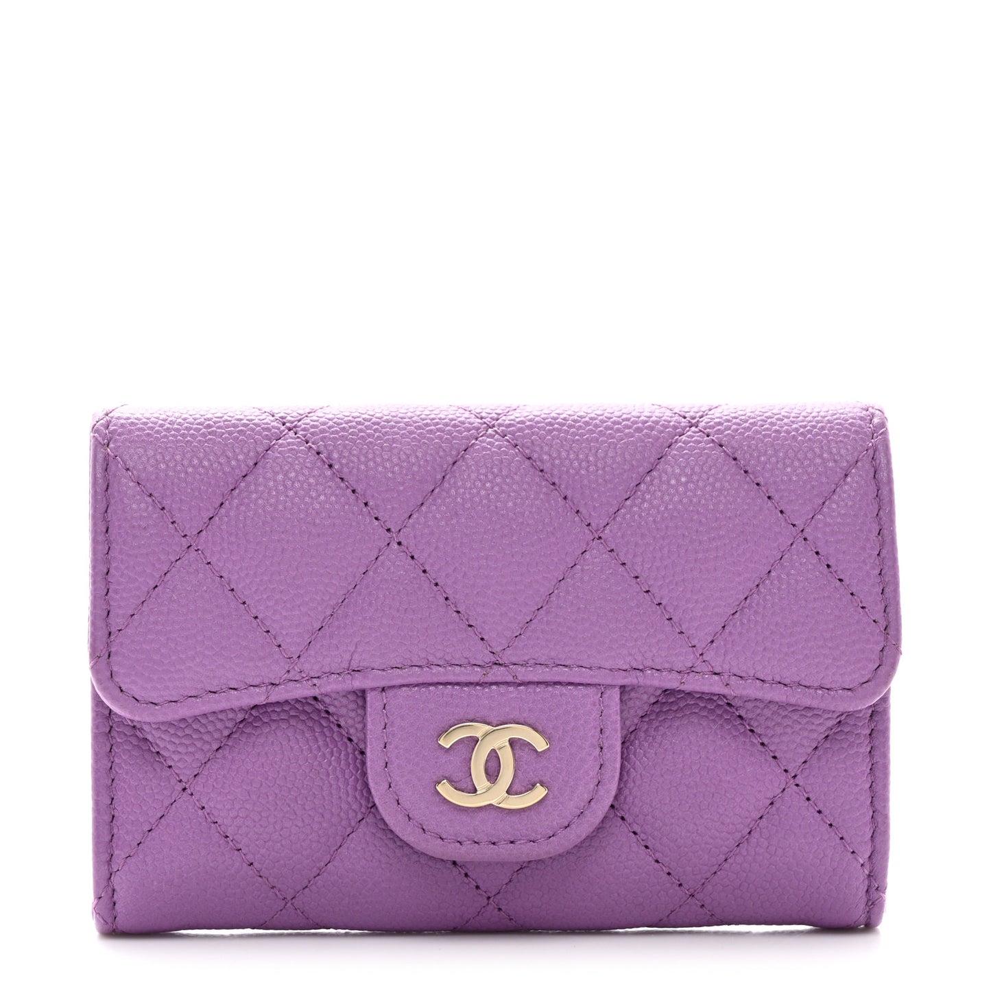 Caviar Quilted Flap Card Holder Wallet Purple