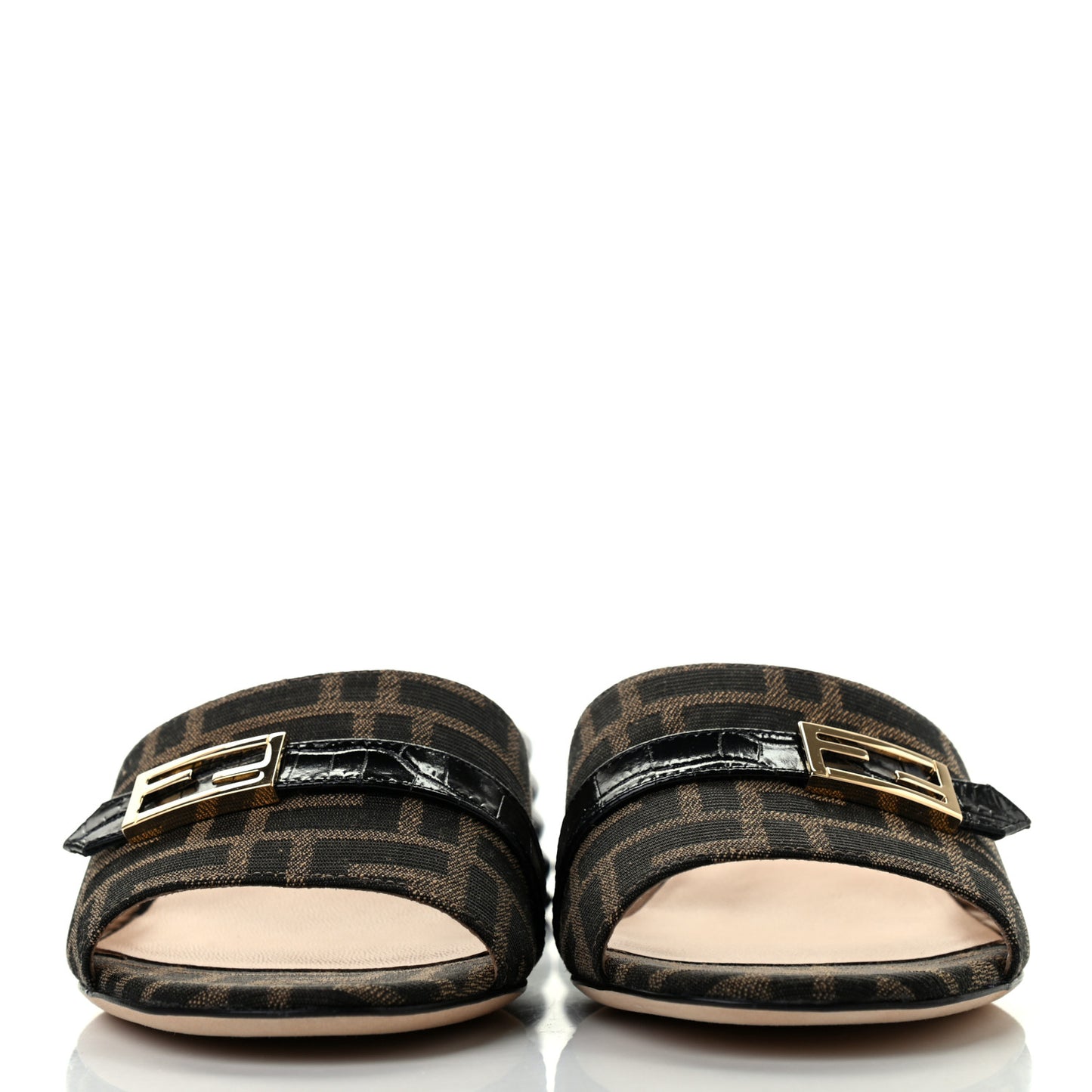 Jacquard Calfskin FF Crocodile Embossed Promenade Slide Sandals 38 Tobacco Moro Black