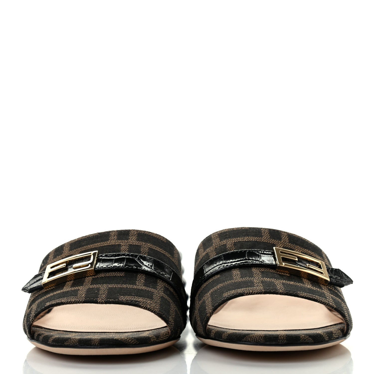 Fendi Jacquard Calfskin FF Crocodile Embossed Promenade Slide Sandals 38 Tobacco Moro Black 2 of 7
