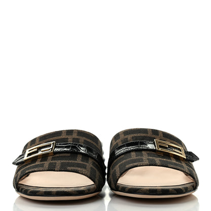 Fendi Jacquard Calfskin FF Crocodile Embossed Promenade Slide Sandals 38 Tobacco Moro Black 2 of 7
