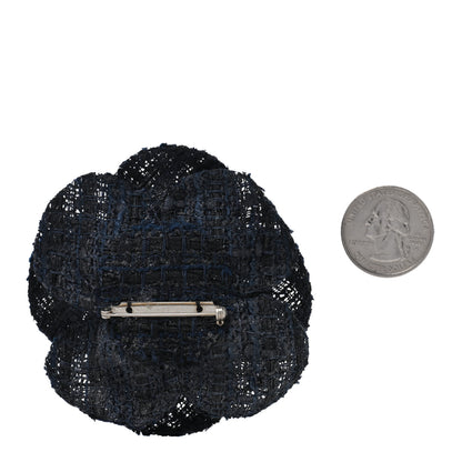 Chanel Tweed Fabric Camellia Pin Brooch Navy Black 2 of 4