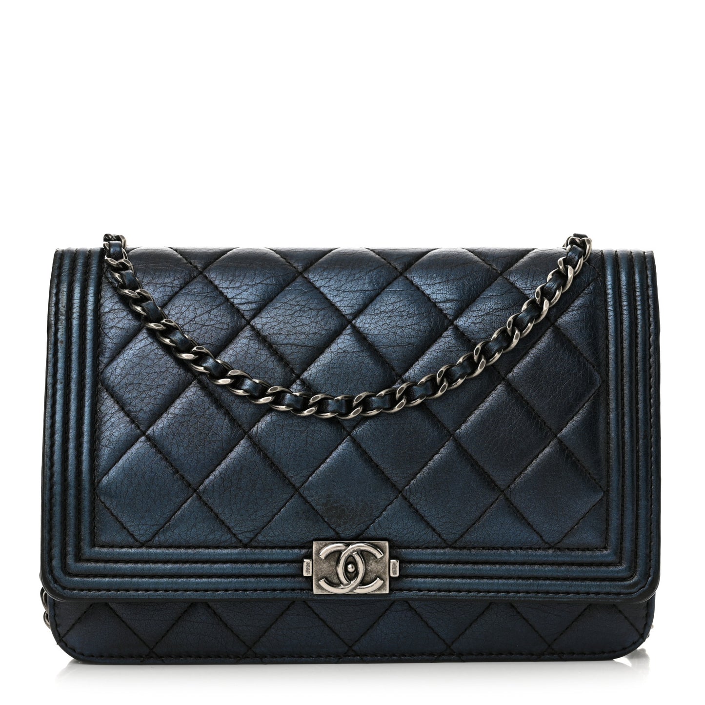 Metallic Calfskin Quilted Boy Wallet On Chain WOC Navy Blue