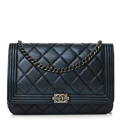 Chanel Metallic Calfskin Quilted Boy Wallet On Chain WOC Navy Blue 1 of 16