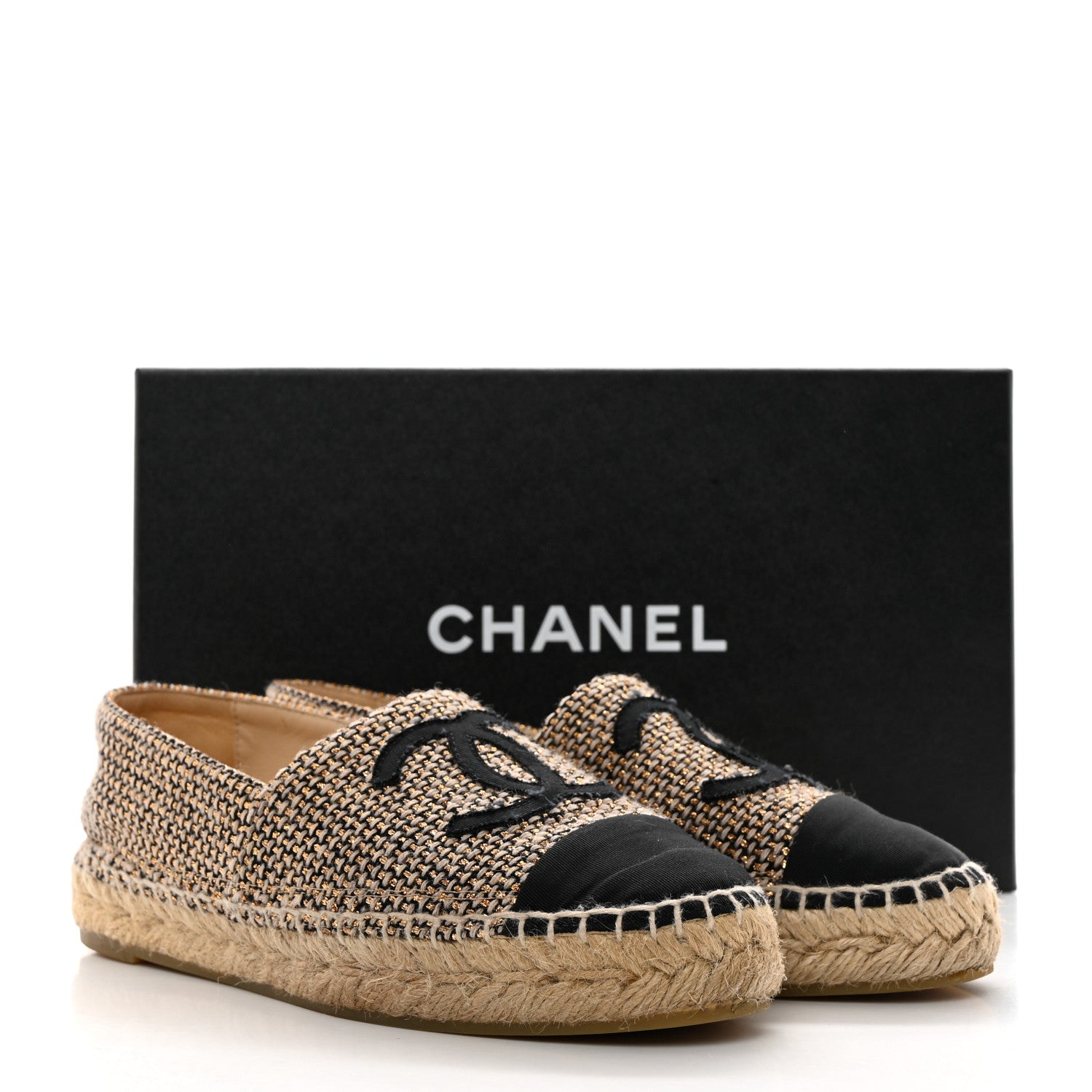 Chanel Metallic Tweed Grosgrain CC Espadrilles 35 Beige Black 9 of 9