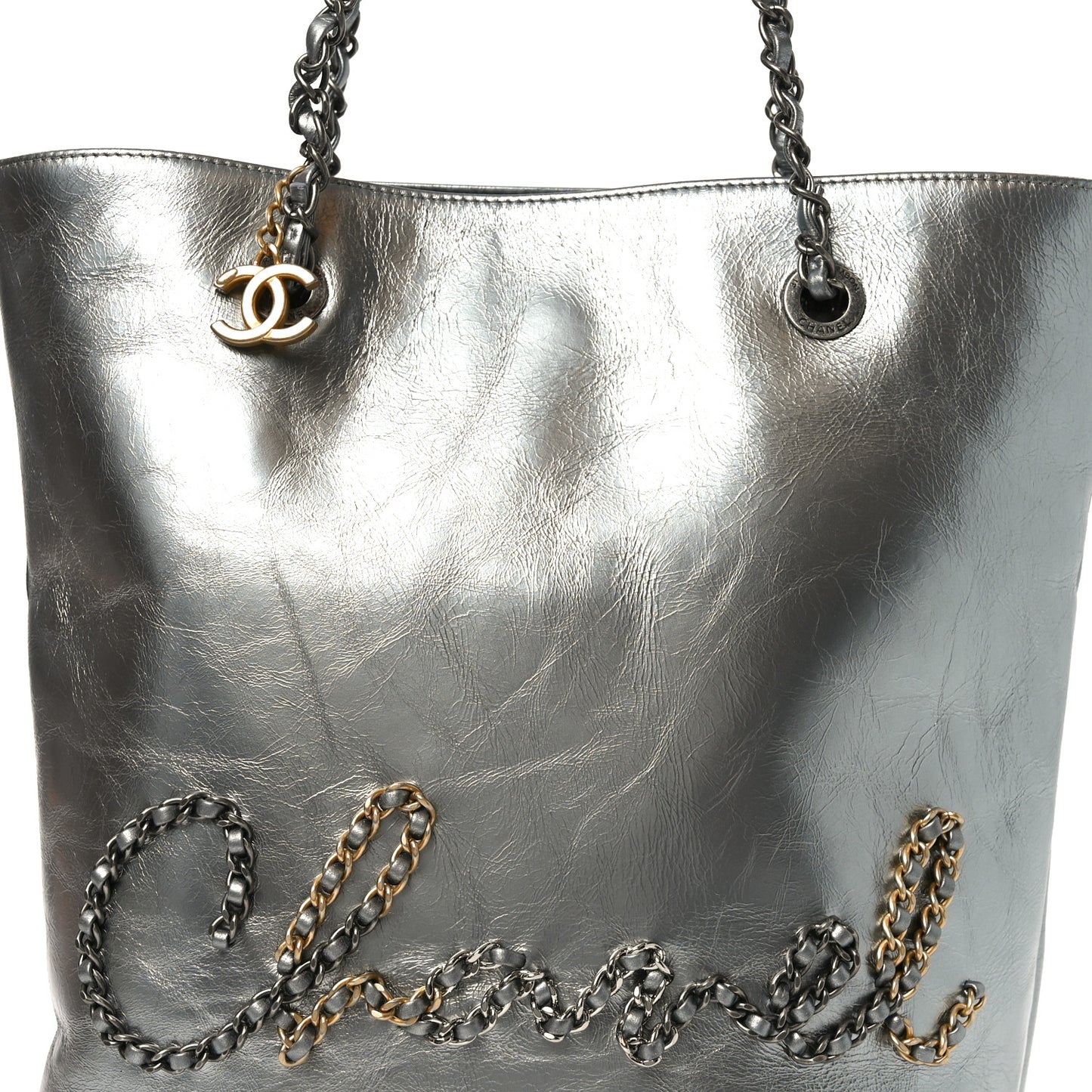 Metallic Crumpled Calfskin Chain 20s Signe Tote Silver