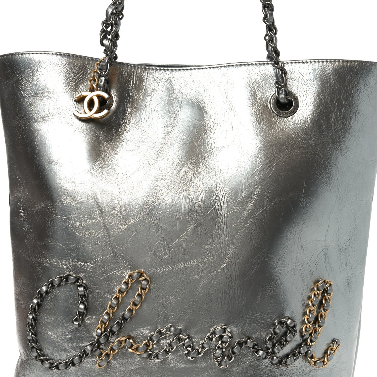 Chanel Metallic Crumpled Calfskin Chain 20s Signe Tote Silver 8 of 10