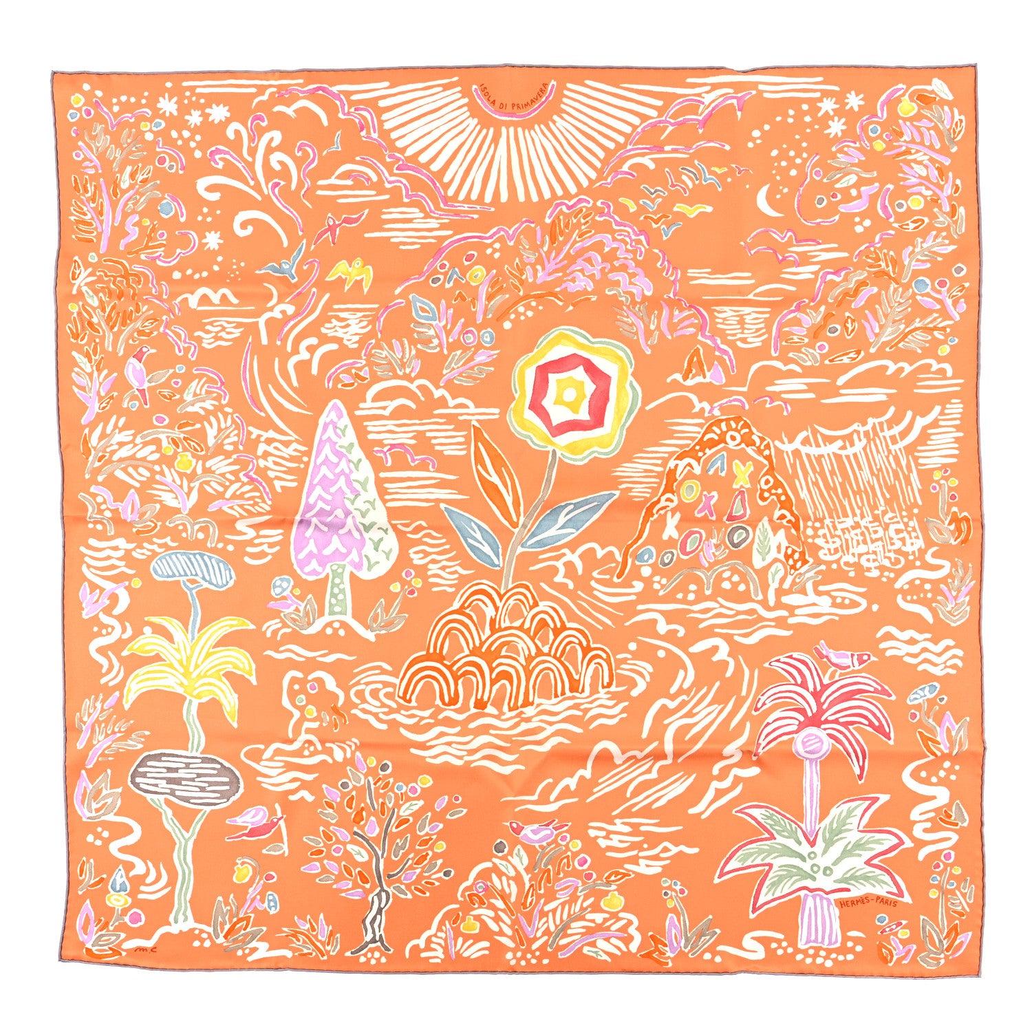 Hermes Silk Isola Di Primavera Scarf 90 Abricot Vert Jaune 1 of 3