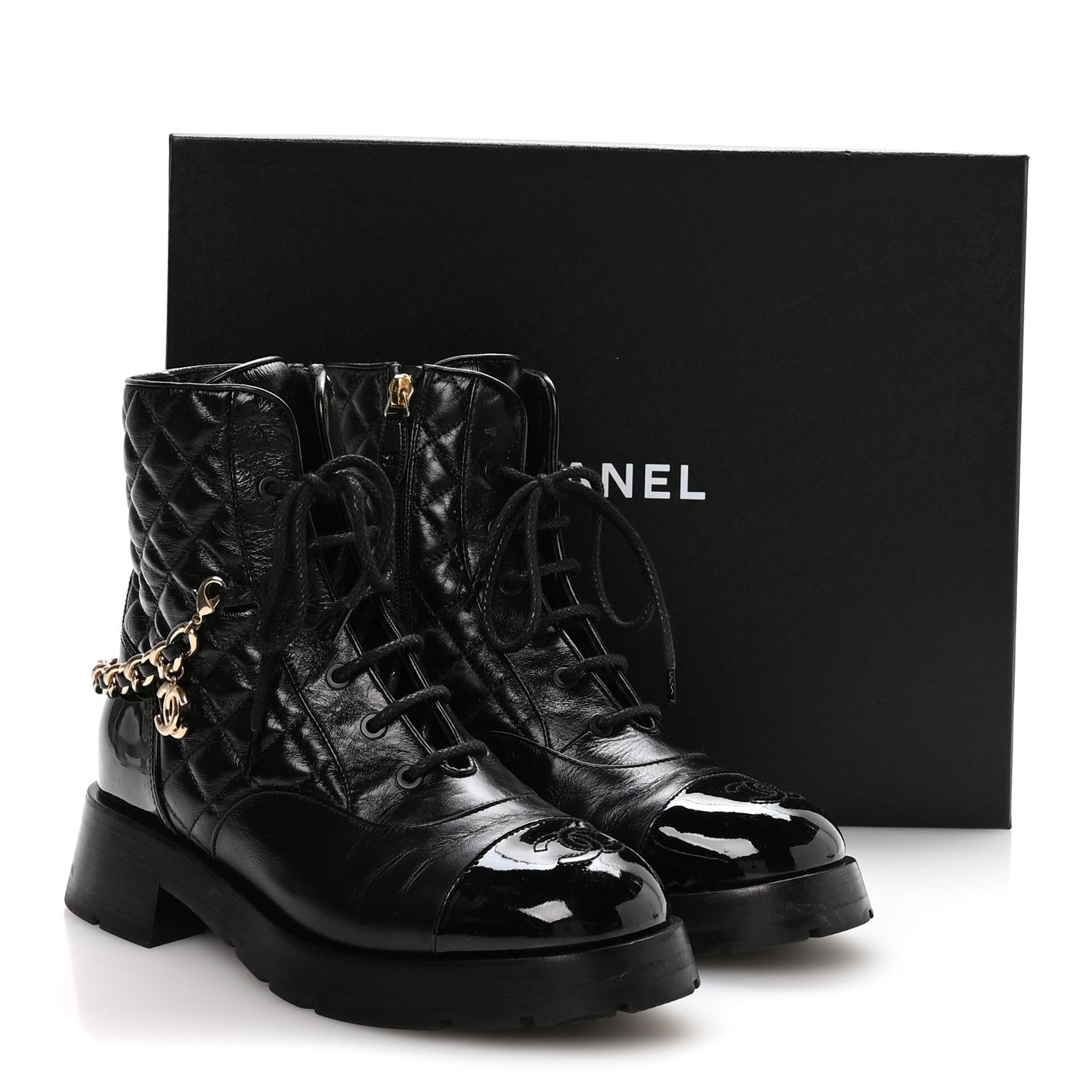 Chanel Shiny Calfskin Patent Quilted Chain Lace Up Combat Boots 40