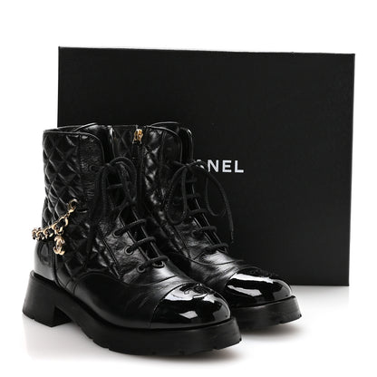 Chanel Shiny Calfskin Patent Quilted Chain Lace Up Combat Boots 40 Black 9 of 9