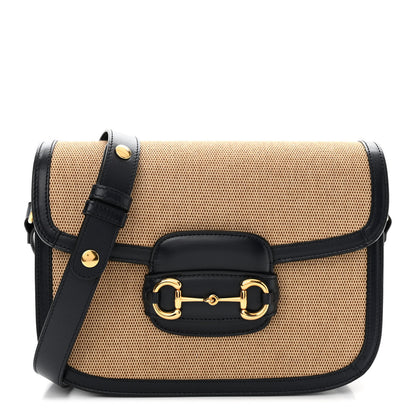 Gucci Vintage Rice Canvas Plutone Calfskin Horsebit 1955 Shoulder Bag Beige Blue 1 of 11