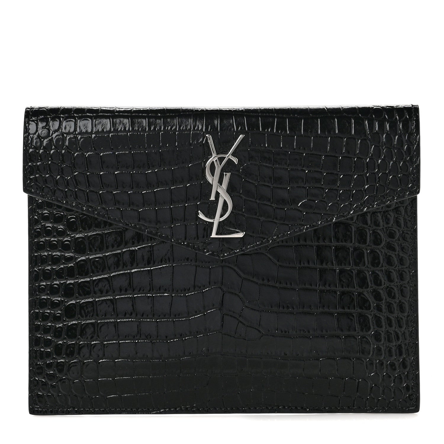 Saint Laurent Calfskin Crocodile Embossed Monogram Uptown Baby Pouch Black 1 of 6