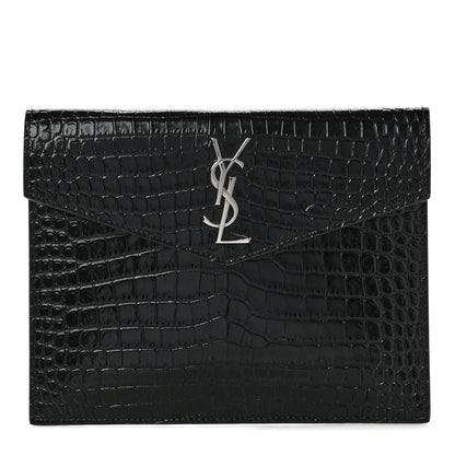 Saint Laurent Calfskin Crocodile Embossed Monogram Uptown Baby Pouch Black 1 of 6