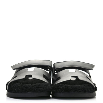Hermes Calfskin Woolskin Womens Chypre Sandals 39 Black 4 of 7
