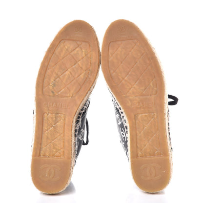 Chanel Lambskin Printed CC Lace Up Espadrilles 35 Black White 5 of 10