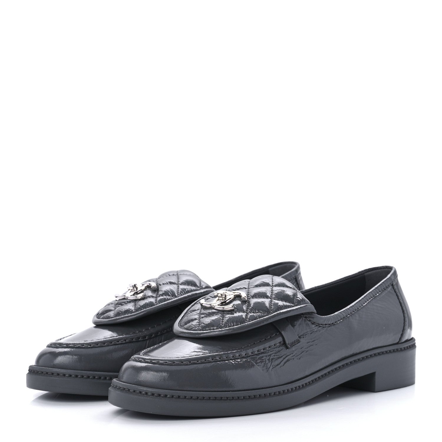 Chanel Crumpled Shiny Lambskin Quilted CC Turnlock Loafers 40.5 Dark Grey 3 of 10