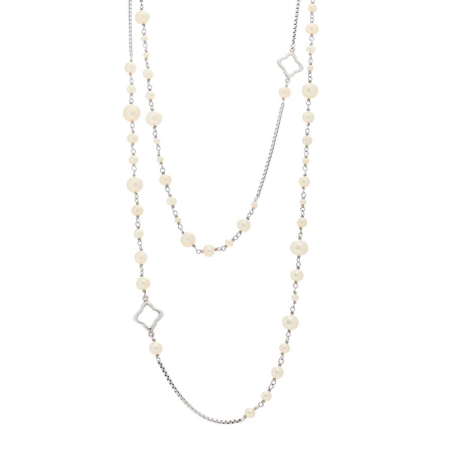 David Yurman Sterling Silver Pearl 7.5mm Quatrefoil Long Chain Necklace 1 of 5