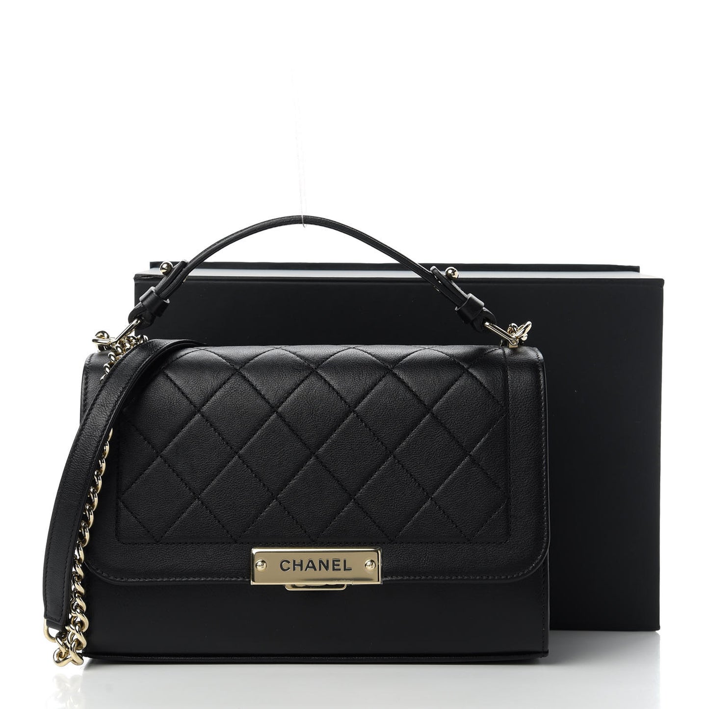 Grained Calfskin Quilted Medium Label Click Flap Bag Black