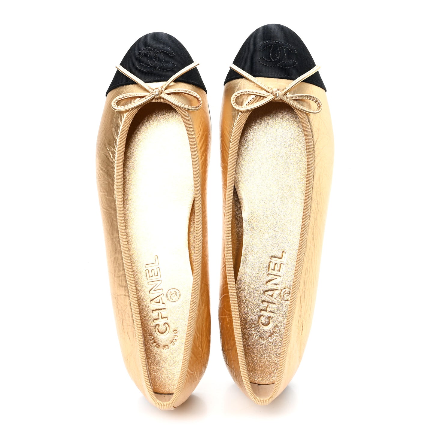 Laminated Lambskin Grosgrain Cap Toe CC Ballerina Flats 39.5 Dark Gold Black