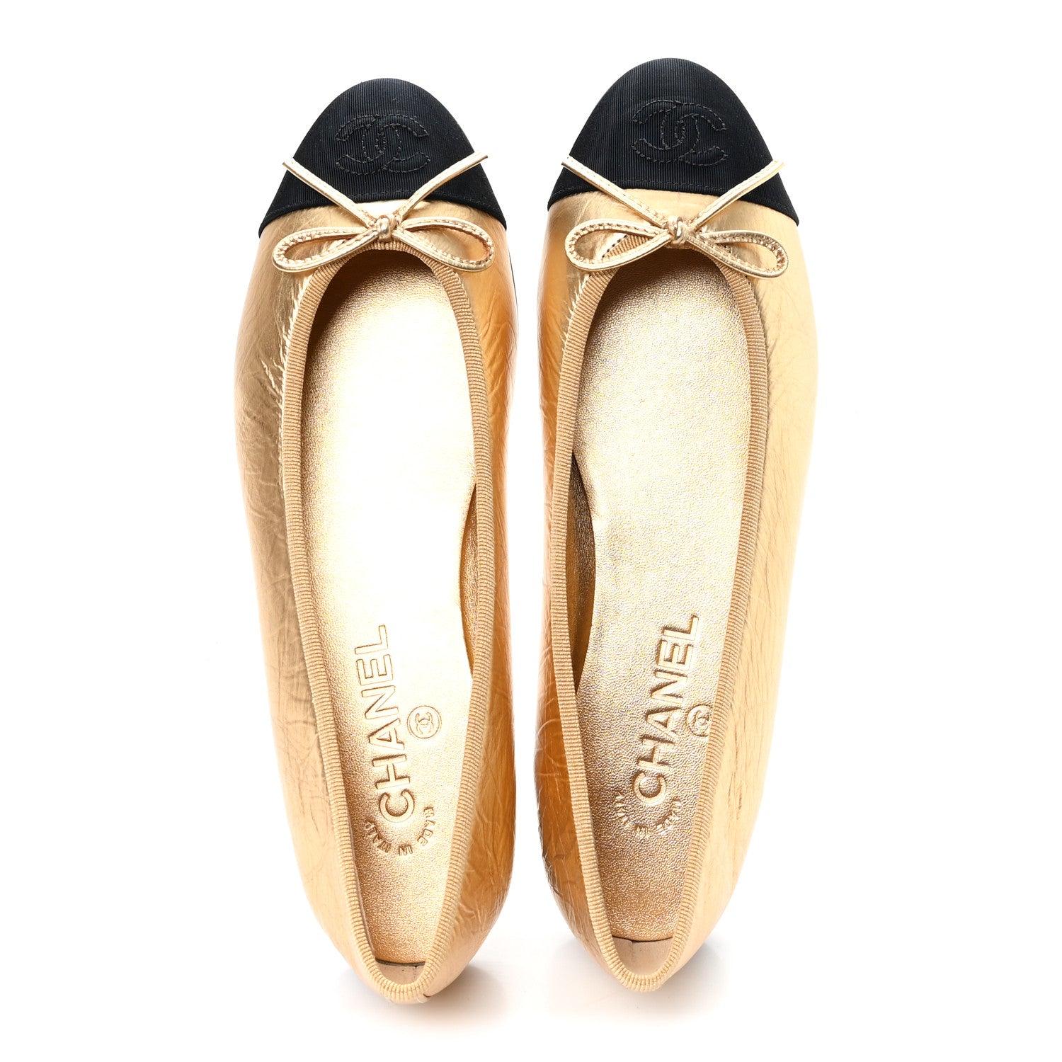 Chanel Laminated Lambskin Grosgrain Cap Toe CC Ballerina Flats 39.5 Dark Gold Black 2 of 10