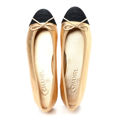 Chanel Laminated Lambskin Grosgrain Cap Toe CC Ballerina Flats 39.5 Dark Gold Black 2 of 10