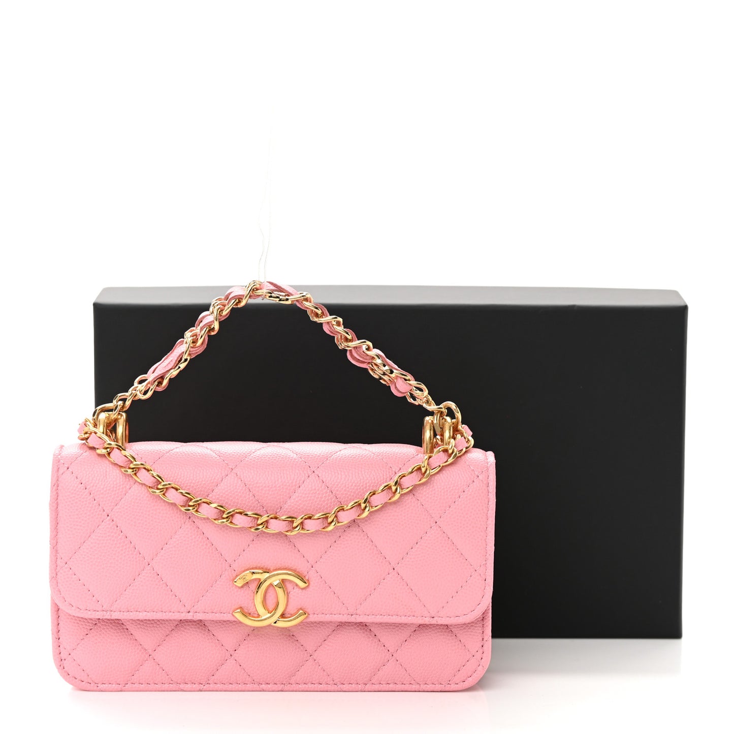 Caviar Quilted Flap Phone Holder With Chain Light Pink