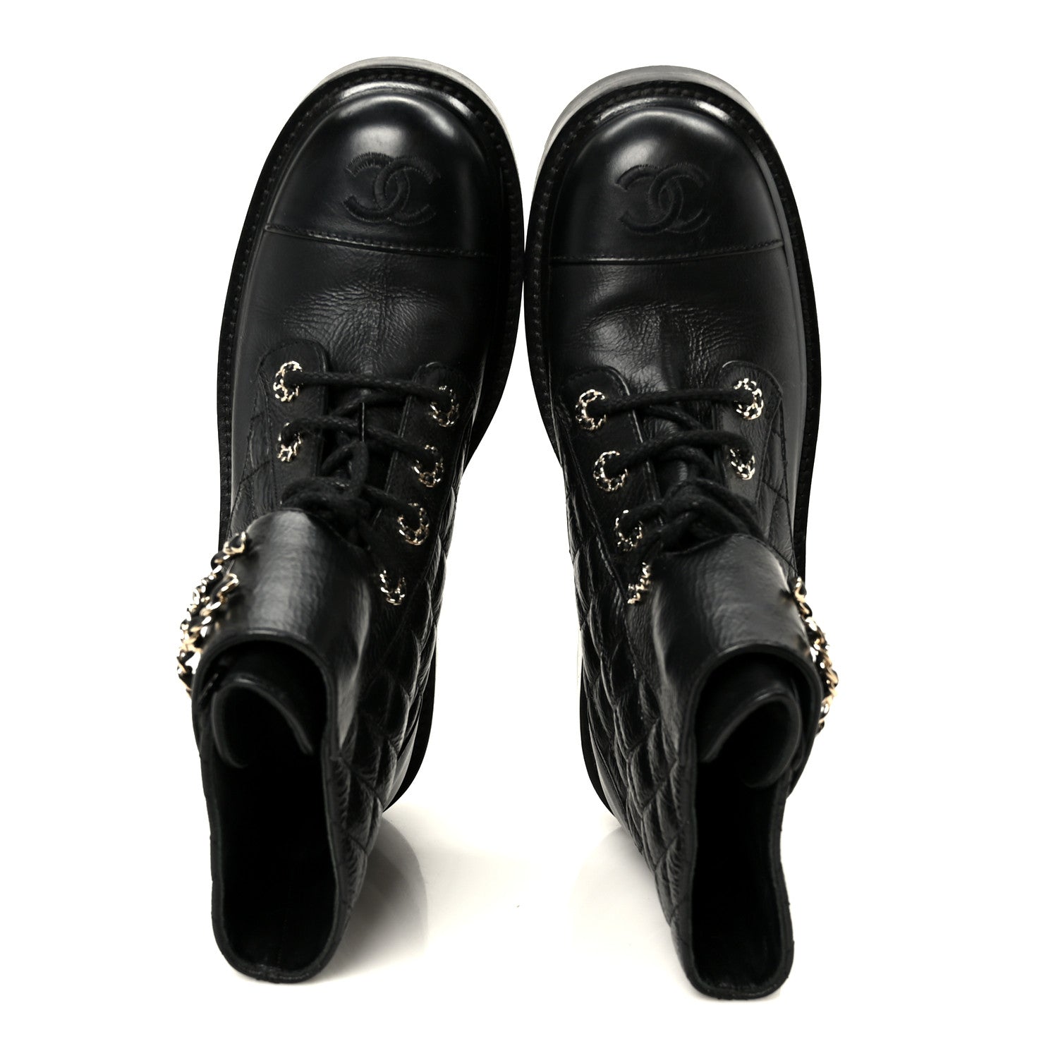 Chanel Shiny Goatskin Calfskin Quilted Lace Up Combat Boots 37.5 Black 2 of 10