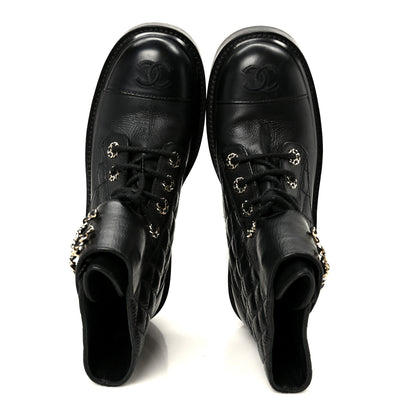 Chanel Shiny Goatskin Calfskin Quilted Lace Up Combat Boots 37.5 Black 2 of 10