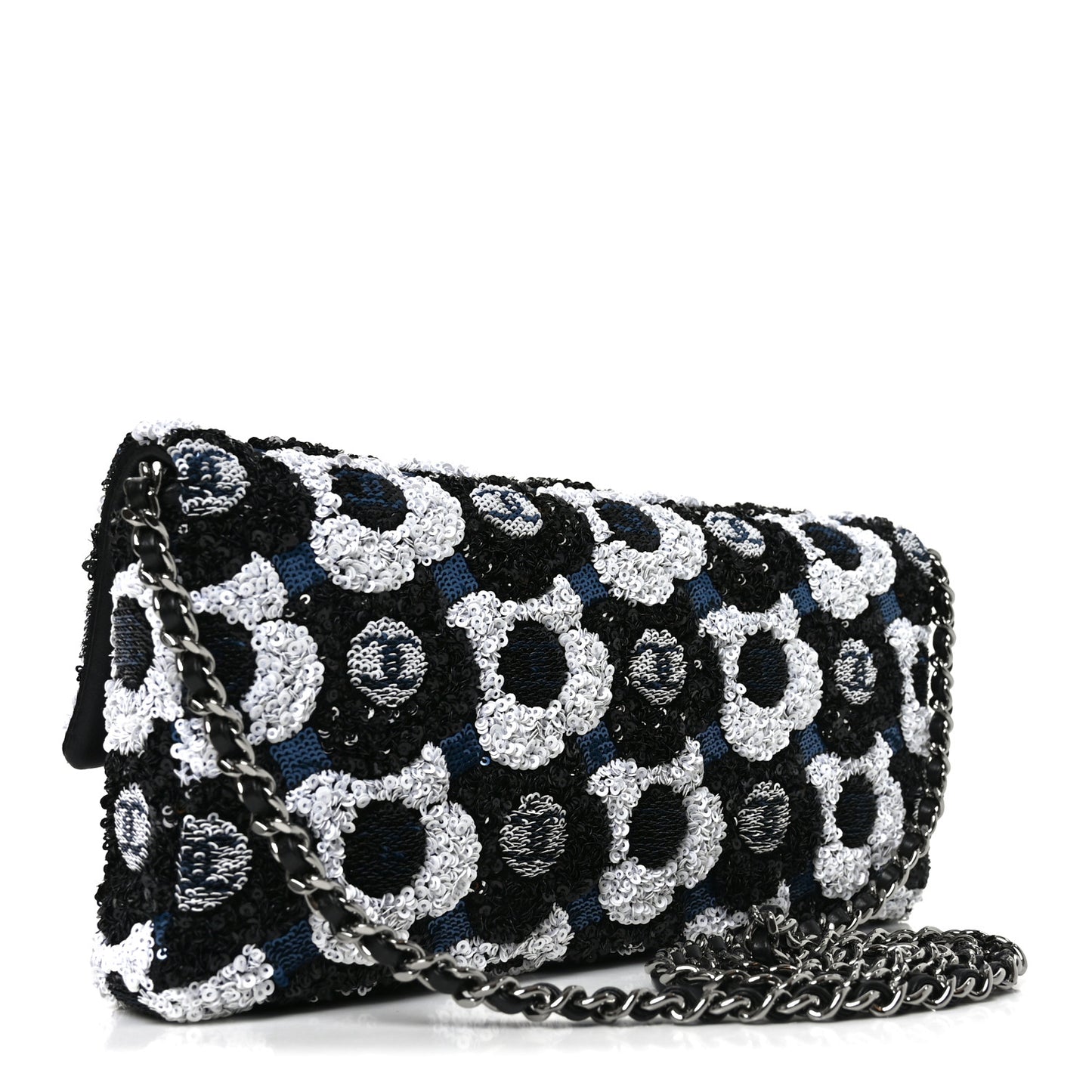 Satin Sequin Embellished Flower East West Flap Black White Blue