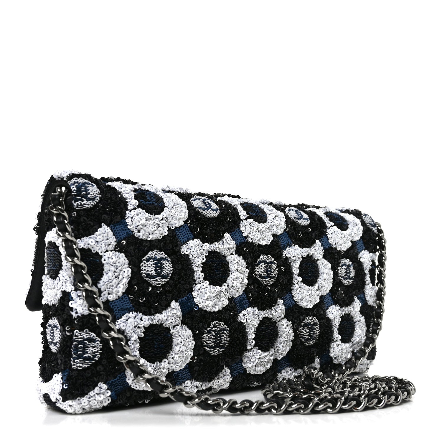 Chanel Satin Sequin Embellished Flower East West Flap Black White Blue 3 of 10