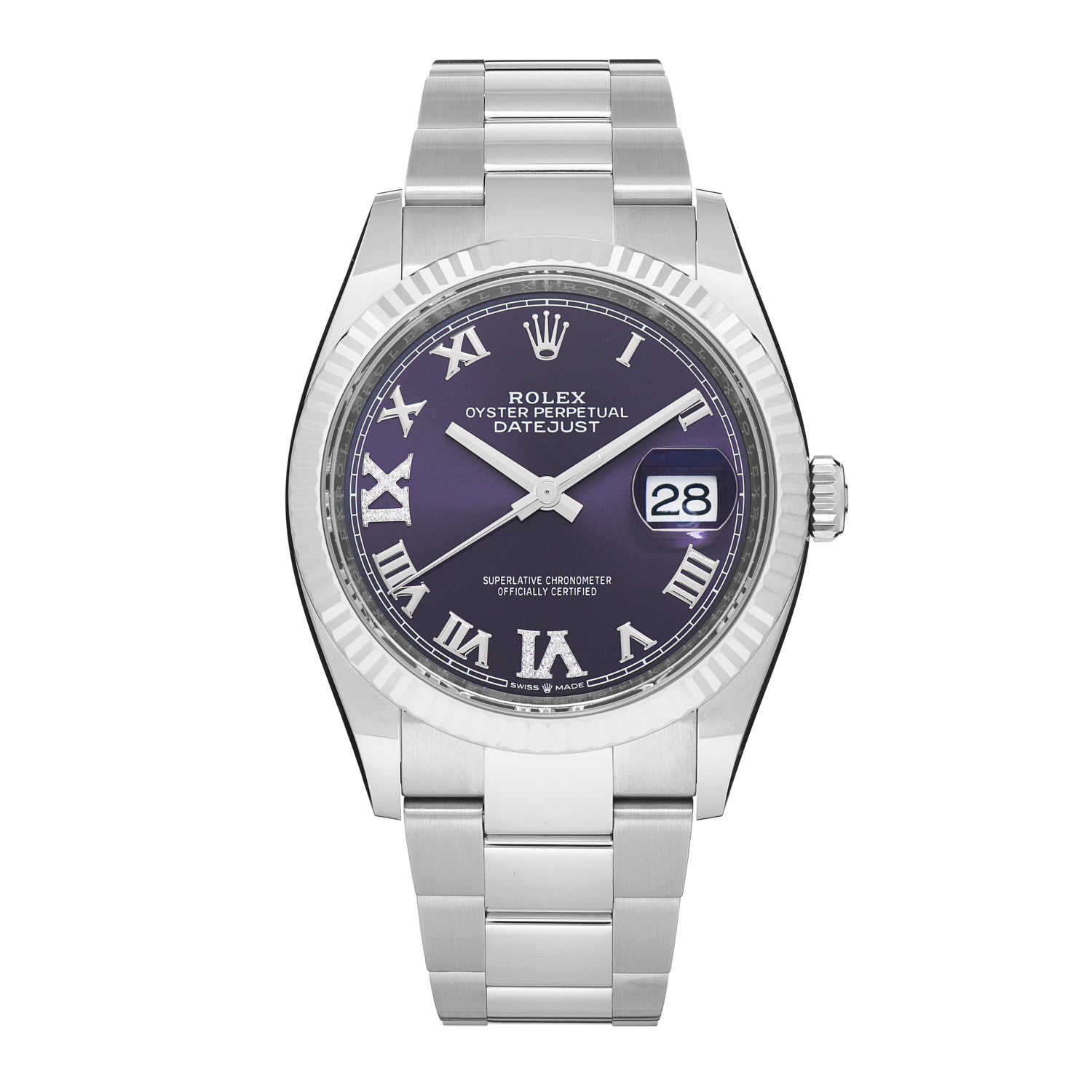 Rolex Stainless Steel 18K White Gold Diamond 36mm Oyster Perpetual Datejust Watch Aubergine Roman 126234 1 of 5