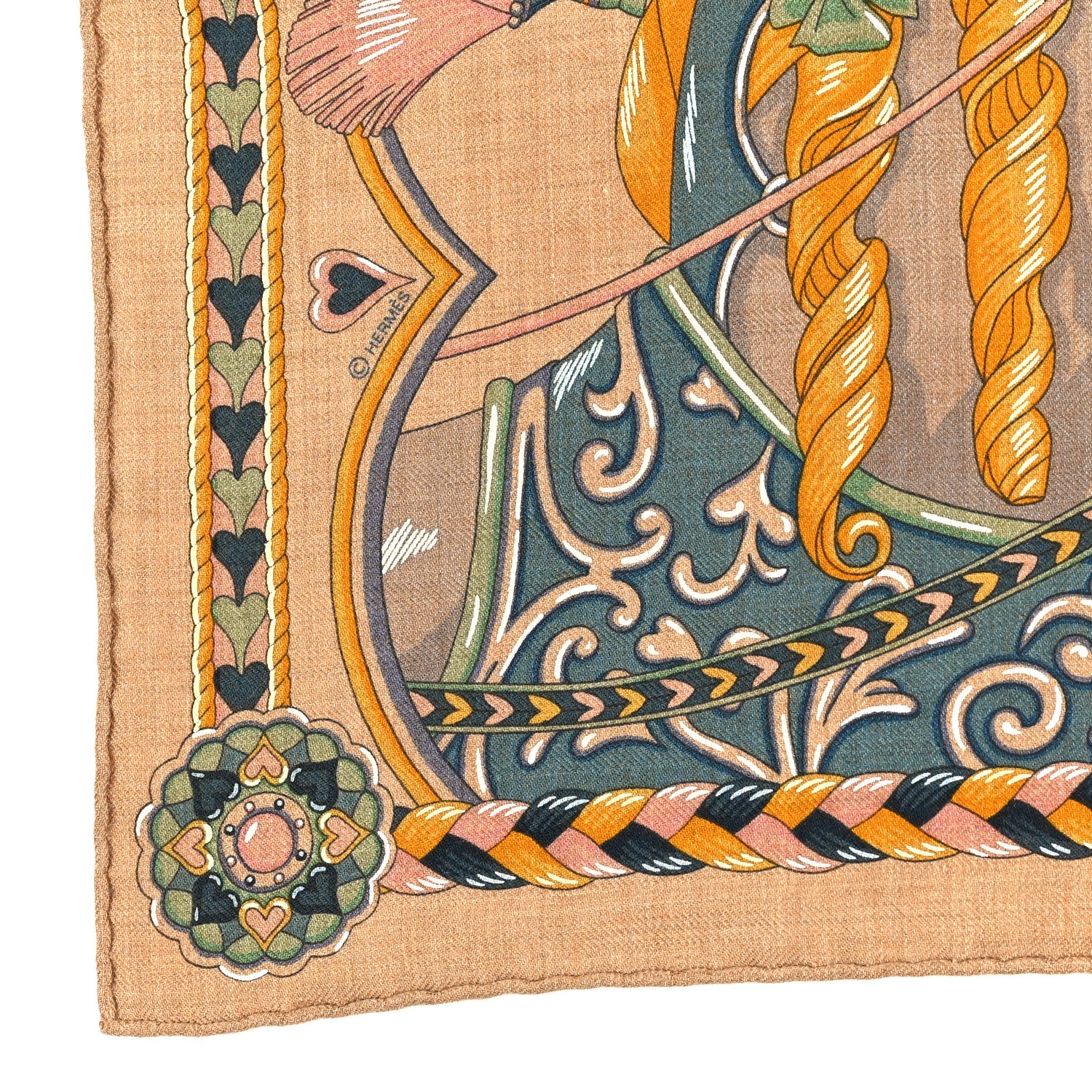 Hermes Cashmere Silk Harnais De Cour Scarf 45 Caramel Mordore Vert
