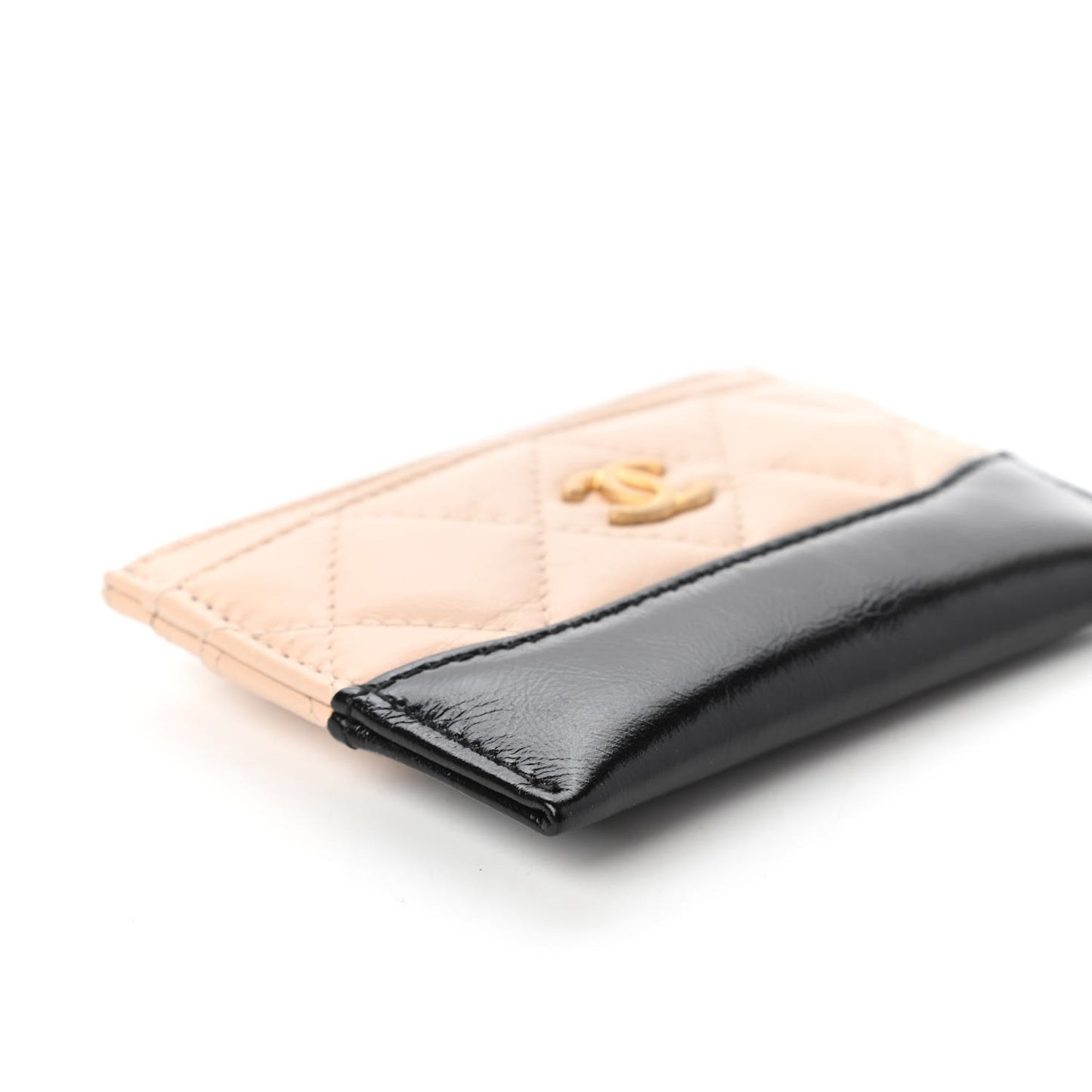 Aged Calfskin Quilted Gabrielle Card Holder Wallet Beige Black