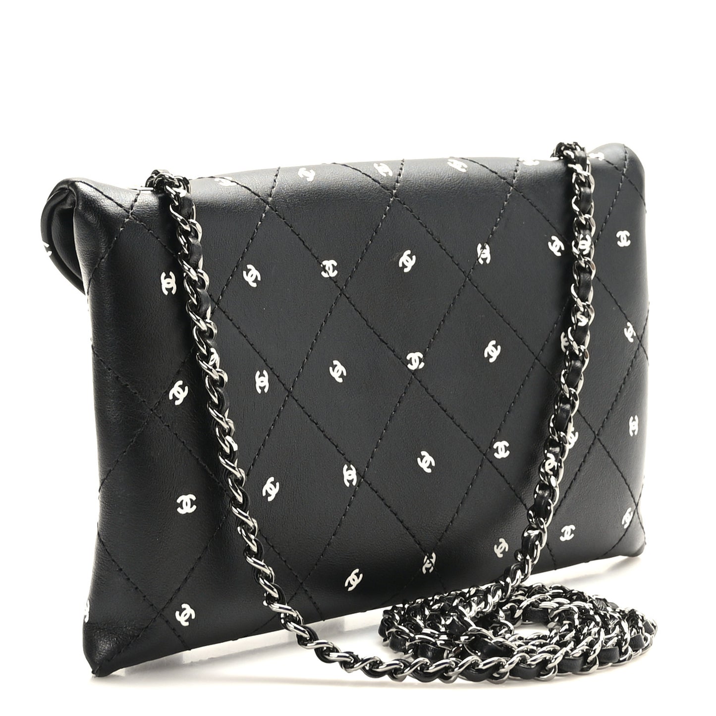 Printed Lambskin Logo CC Envelope Clutch With Chain Black White