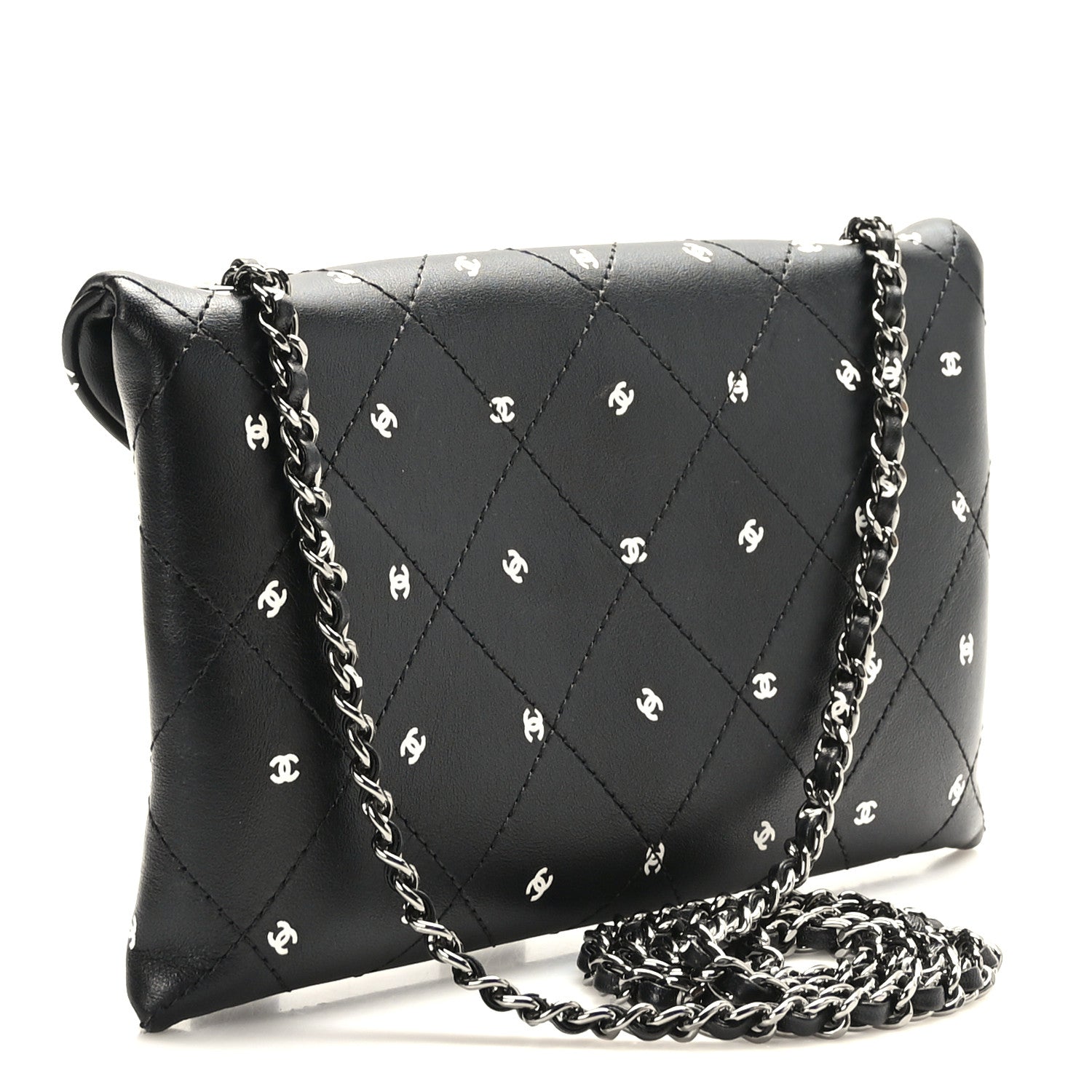 Chanel Printed Lambskin Logo CC Envelope Clutch With Chain Black White 3 of 9