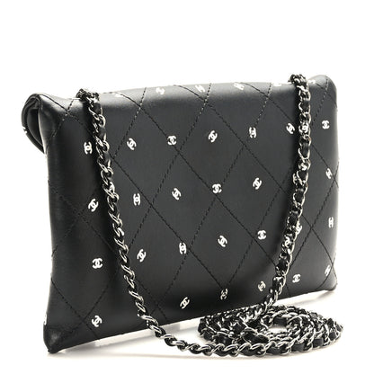 Chanel Printed Lambskin Logo CC Envelope Clutch With Chain Black White 3 of 9