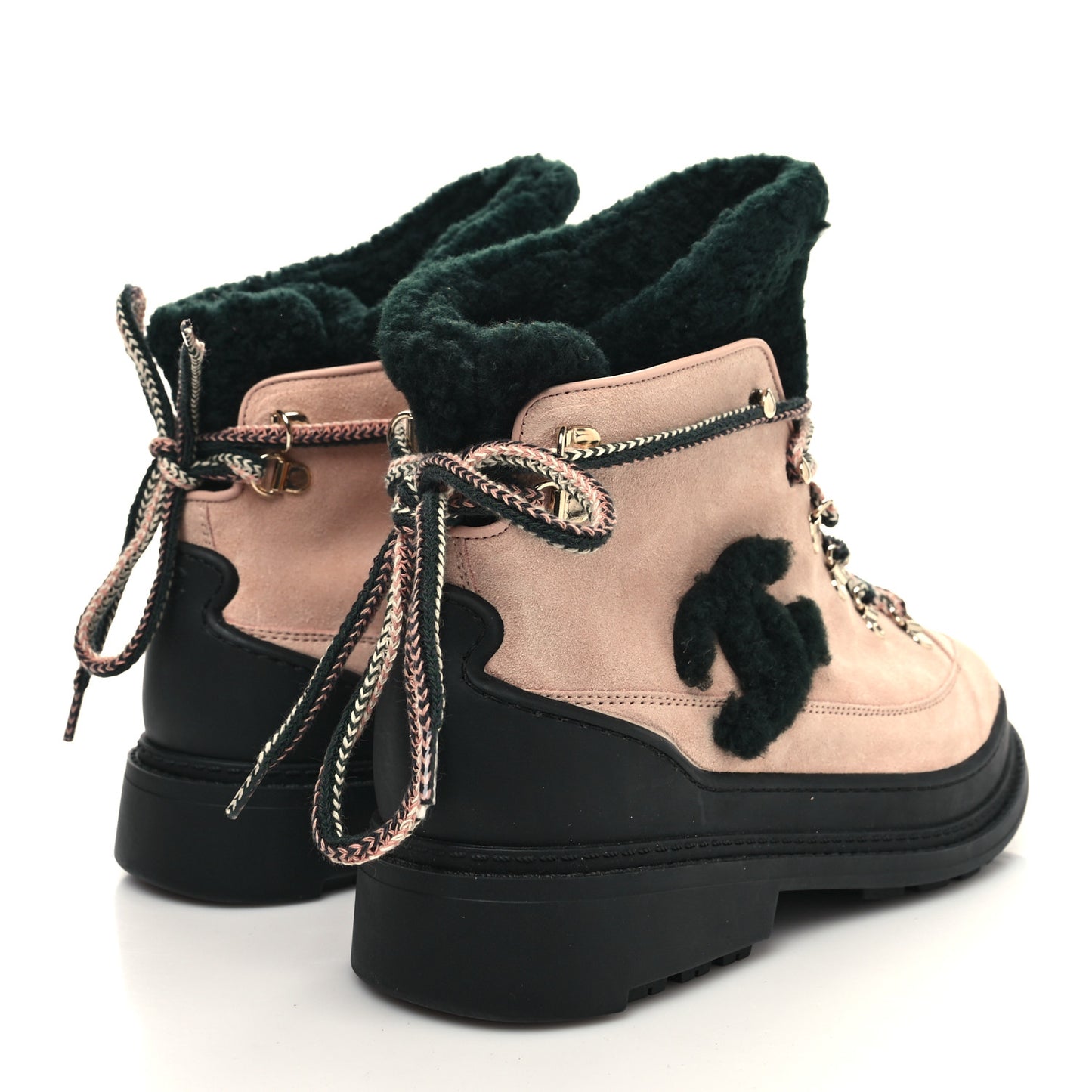 Suede Shearling CC Lace Up Boots 40 Pink Black