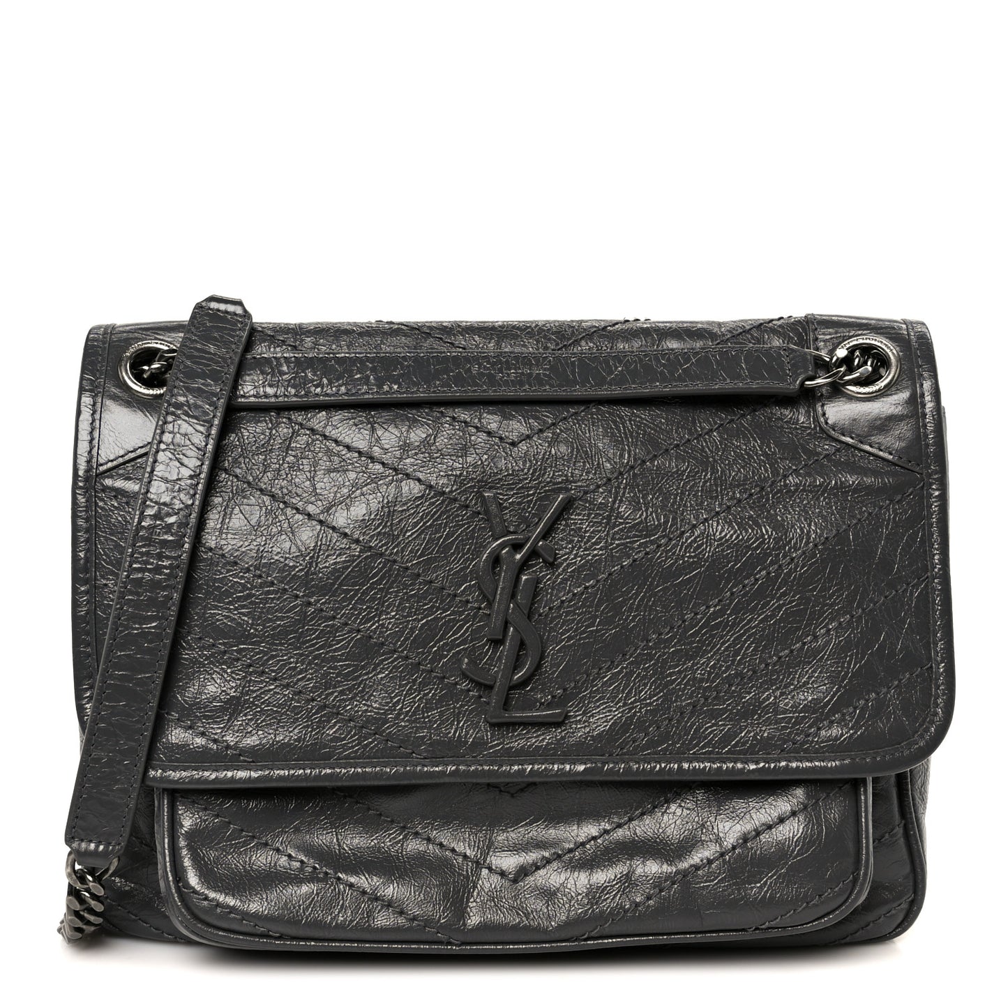 Crinkled Calfskin Matelasse Monogram Medium Niki Chain Satchel Fog