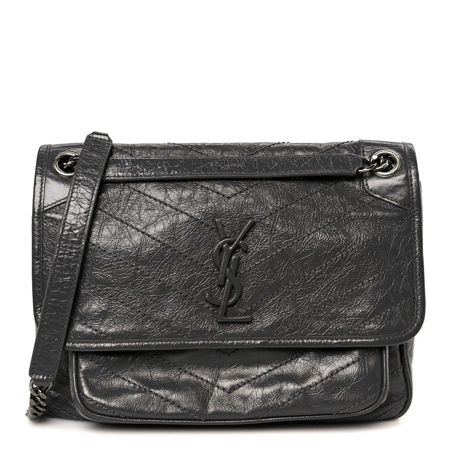 Saint Laurent Crinkled Calfskin Matelasse Monogram Medium Niki Chain Satchel Fog 1 of 11